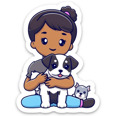 Black girl with short bangs holding a white schnauzer puppy sticker