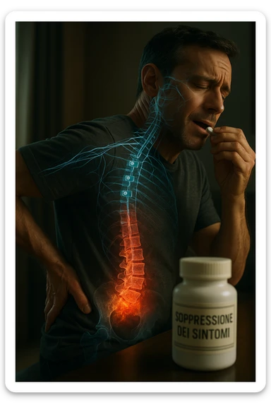 Realistica cinematic Man taking pain medication for chronic back pain, pills shown as dimmer switches turning down pain signals in transparent nervous system overlay, underlying spinal damage remaining completely untreated and worsening, expression of temporary relief masking progressive deterioration, medication bottle labeled 'symptom suppression' not 'cure', root cause inflammation continuing to spread in italiano sticker