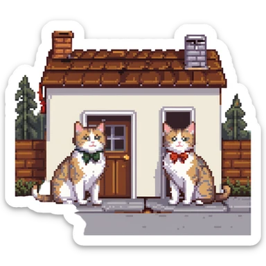 two happy cats in love with a house behind them that has a bow on the roof sticker