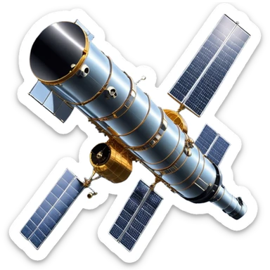 cinematic-realistic-hubble-space-telescope-emoji, an awe-inspiring, ultra-detailed depiction of the Hubble Space Telescope floating in space, its large, reflective metallic surface gleaming against the backdrop of the infinite blackness. The telescope's vast solar panels extend outwards, catching the light from distant stars, while its intricate, cylindrical body showcases advanced, precise engineering. The telescope's large, hexagonal lens is pointed towards the cosmos, surrounded by mechanical components, wires, and sensors. The detailed textures of the telescope’s metallic exterior, the shiny reflective coating, and the intricate grid-like solar panels are sharply contrasted against the void of space, with distant stars and nebulae faintly visible in the background, adding to the sense of scale and technological marvel; rendered with extreme realism and attention to detail. sticker