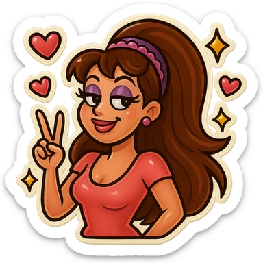 Change the hair color to brunette while keeping the valley girl making a peace sign, pastel makeup, cute headband, hearts and sparkles. sticker