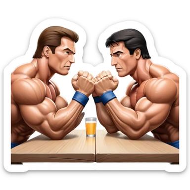 Arnold Schwarzenegger and Sylvester Stallone from 'Over the Top,' locked in an arm wrestling battle, using only their right hands. Their left hands rest on the table. Both display immense strength, with muscular arms flexing, under bright competition lights. Transparent background. sticker