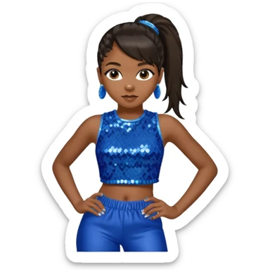 Left Eye from TLC with long dark brown ponytail hair, blue sequin crop top and pants sticker