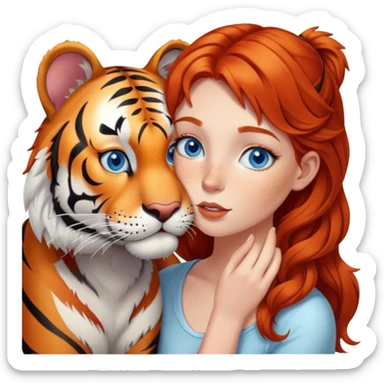 blue-eyed redhead girl kissing tiger sticker