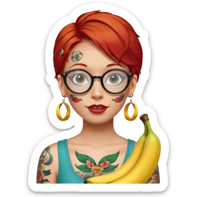 red hair woman with extra  big earring and face tattoed and wearing big banana glasses sticker