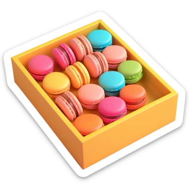 a box of macarons with a clear window on top, soft lighting, vibrant colors, appetizing and elegant, iOS 3D emoji style sticker