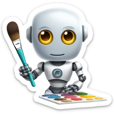 cute robot holds a palette with paints and a brush sticker