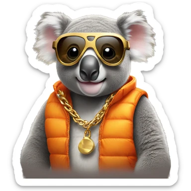 koala wearing an orange puffer vest and sun glasses gold chain sticker