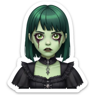 green zombie girl with black hair, bangs, and gothic outfit sticker