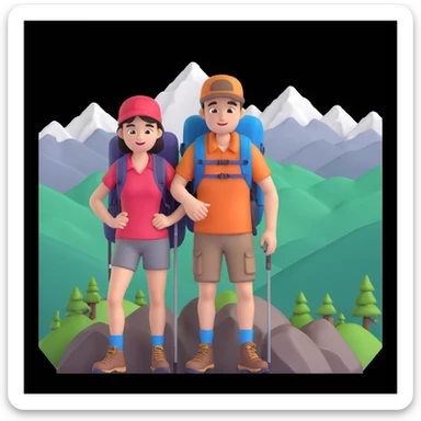 back packer couple posing, mountains in background,   close up pose sticker