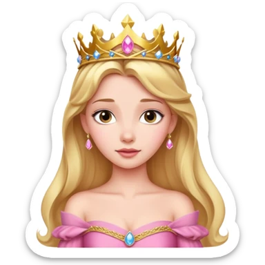 Princess Aurora with a gold tiara, pink off-shoulder dress, gentle expression sticker