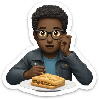 Boy with glasses eating iPhone 16 sticker