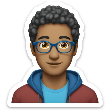 a 25-year-old mixed-race man wearing headphones, a blue hoodie and blue-grey rectangular glasses sticker