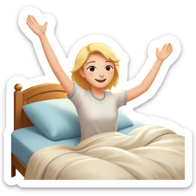 a person waking up early, stretching in bed with sunlight coming through the window, cheerful and fresh sticker