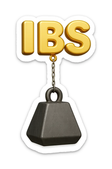 emoji stile iphone della parola "IBS" sospesa in aria con zavorra attaccata sotto che la fa cadere per il peso, iperrealistico 4k sticker