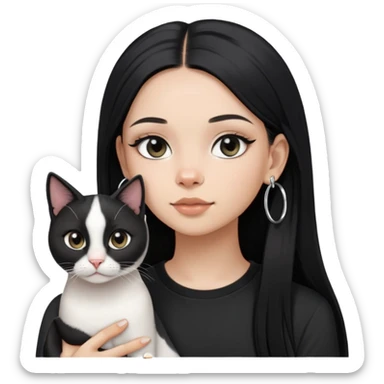 A girl with long straight black hair has upward-slanting eyeliner. She is wearing large silver hoop earrings, a black t-shirt, She is holding a  piebald cat with a black face  sticker