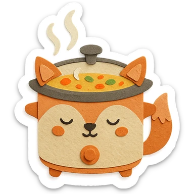 cute fox-shaped slow cooker, simmering soup, sleepy expression, soft beige, full-body sticker