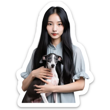 Slim Chinese girl with long black hair holding solid grey Italian greyhound with no white markings on nose sticker