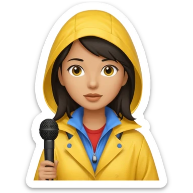dark haired woman with rain coat and microphone sticker
