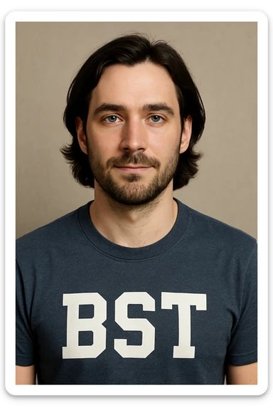 Caucasian male avatar, age 30, white skin, dark slightly long hair, blue eyes, bust portrait, shirt features 'BST' lettering sticker