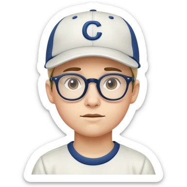 boy with glasses and baseball cap sticker