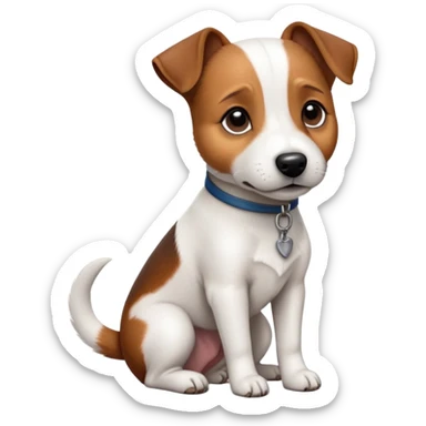 cinematic-[jack Russel terrier]-realistic-full-body-sitting-emoji,-tail-resting-loosely-beside-its-paws,-head-tilted-dramatically, -sleek-[brown and white]-fur,-simplified-yet-realistic-focused-features,-highly-detailed,-glowing-with-an-almost-sarcastic-glow sticker