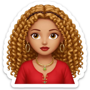 generate a pretty bratz girl with a red kurti, long curly hair, hoops sticker