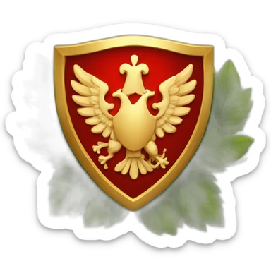 a red shield with a golden border and shrubbery behind it in a circular shape sticker
