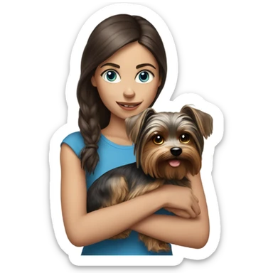 Realistic brunette girl with bright blue eyes holding Yorkshire terrier  sticker