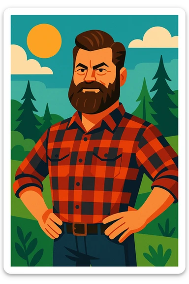 Nick Offerman looking awesome, confident pose, full beard, plaid shirt, outdoors sticker