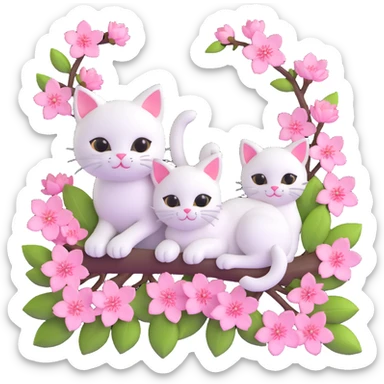 3D iOS-style illustration of a cherry blossom branch with cute white cats peeking out from behind the pink flowers, soft pastel colors, smooth shading, playful friendly vibe sticker