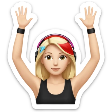 I want a white female dj animated gif emoji with long straight centre parting blonde hair putting hands up in the air. Wearing a black tight top with no sleeve sticker