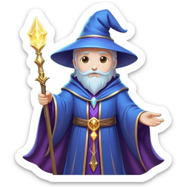 Clash of Clans aesthetic: Cinematic heroic powerful Wizard Hero Emoji, rendered in a 3D vector-style similar to standard emojis with minimal shading and bold, simplified shapes. A compact, isometric figure draped in flowing enchanted robes and wielding a mystical staff, softly glowing with an arcane magical charm. Simplified yet unmistakably iconic, highly detailed and consistent, glowing with a soft radiant glow and high shine. Stylized with a touch of whimsical sorcery and a soft glowing outline, capturing the essence of a powerful wizard ready to cast spells with a friendly, playful spirit! sticker