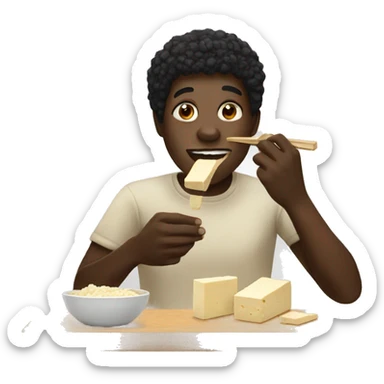 black person eating tofu sticker