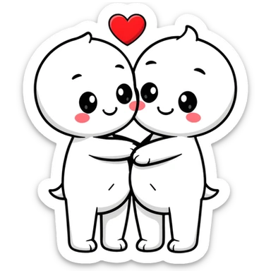Two cute cartoon characters hugging with hearts around them sticker