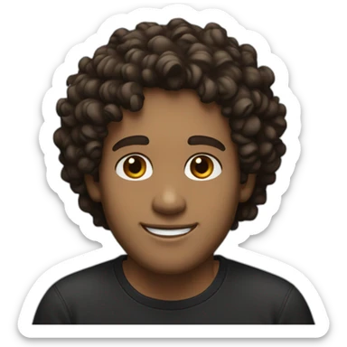 man with short dark brown hair curls on forehead with brown eyes smiling black shirt light skin sticker