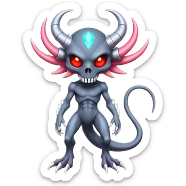 Shiny Horned Futuristic Badass Demonic Spectral Dusky Spooky Skull-faced Cool Hot Stylish Handsome Alien-Salandit-Darkrai-Genesect-Fakémon-fusion (full body) sticker