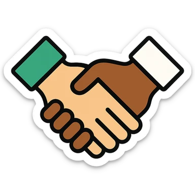 Edit the image to depict one Caucasian hand and one African American hand shaking with thinner black outlining. Use a professional style with a green, white, and gold color scheme. The image should be bold and clear, suitable for digital use, with no background. sticker