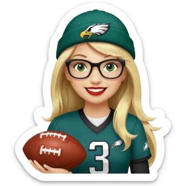 full length women wearing eagles uniform, long blonde hair, styled bangs, green eyes, black glasses, holding football, number 33, smiling, lipstick, eagles beanie sticker