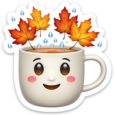 emoji of a steaming mug by a window with raindrops and autumn leaves in cool colors sticker