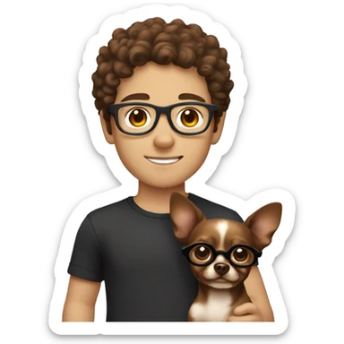 A caucasian boy with brown curls and glasses with his dark brown chihuahua sticker