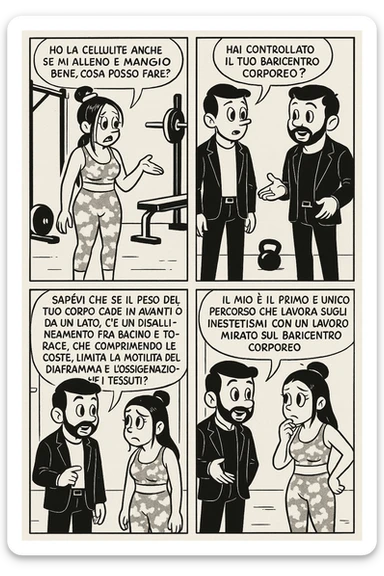 TRASFORMA QUESTO CAROSELLO IN UN FUMETTO STILE TOPOLINO CON QUESTE DUE PERSONE IDENTICHE CHE INTERLOQUISCONO TRA LORO:

LEI: Ho la cellulite anche se mi alleno e mangio bene, cosa posso fare?

LUI: Hai controllato il tuo baricentro corporeo?
LUI: Sapevi che se il peso del tuo corpo cade in avanti o da un lato, c’è un disallineamento fra bacino e torace, che comprimendo le coste, limita la motilità del diaframma e l’ossigenazione dei tessuti?
LUI: Il mio è il primo e unico percorso che lavora sugli inestetismi con un lavoro mirato sul baricentro corporeo. sticker