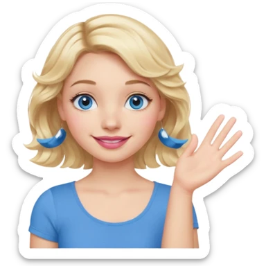 Girl Blonde short wavy hair,  blue eyes, cute blue top, long lashes, pink lips, smiling, one hand palm up side ways  sticker