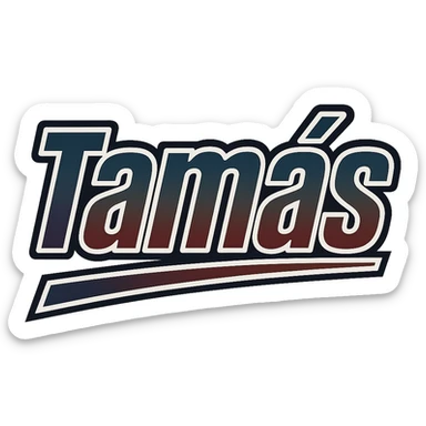 Tamás name in a masculine, modern gradient font with precise Hungarian characters, dark contour, extra wide and prominent white border like the uploaded sample, dynamic slanted underline, masculine color shades including blue, gray, burgundy, green, and brown, 1000x1000 px, PNG, transparent background sticker