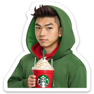 Japanese boy holding Frappuccino in Starbucks cup with a big red laccrose hooding on sticker