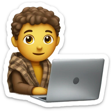 white boy sitting on the school desk with a big blanket wrapped around shoulders working on chromebook sticker