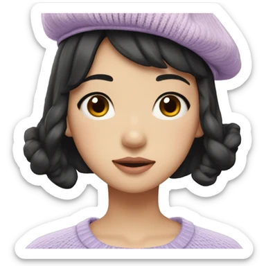 korean girl short black hair sharp jawline, attractive wearing a lilac sweater and beret and bow sticker