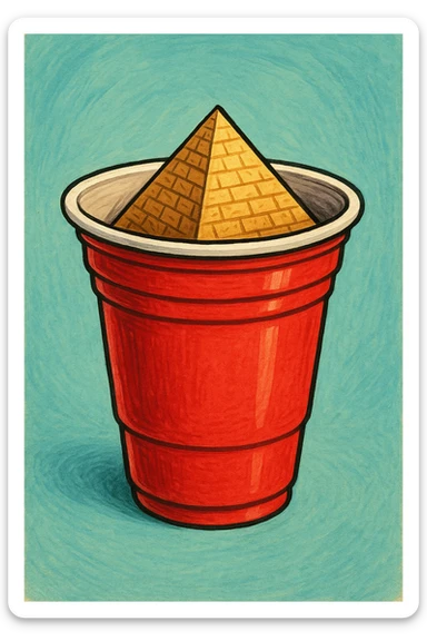 a red plastic party cup with a small Egyptian pyramid inside, whimsical sticker