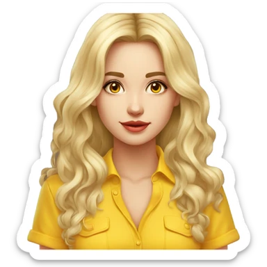 una chica medio rubia cabello  largo piel clara ojos cafe camisa color amarillo sticker