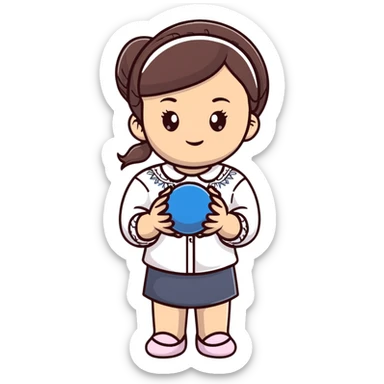 A young Ukrainian girl in a white embroidered shirt holds a ball of thread in her hand sticker